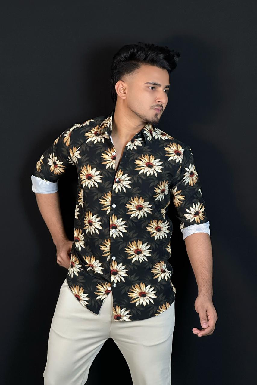 ইয়েলো ব্ল্যাক প্রিন্টেড শার্ট-Sunflower